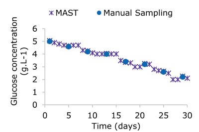 Sampled Glucose Bioreactor Graph A shows glucose concentration levels in a bioreactor, decreasing over time. The glucose concentration values measured using manual and automatic sampling match very well, with more frequent measurements possible in the case of automated sampling.