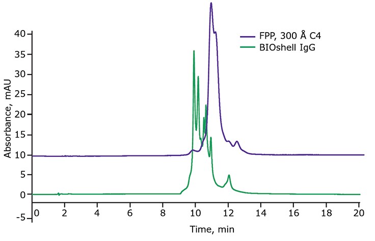 Graph analyzing denosumab, an IgG2 antibody, by reverse-phase chromatography (RPC). Two overlaid chromatograms are displayed: one labeled ‘FPP, 300 Å C4’ in green and the other labeled ‘BioShell IgG’ in purple. Both chromatograms have prominent peaks around the 8-minute mark. The x-axis is labeled ‘Time, min’ ranging from 0 to 20 minutes, and the y-axis is labeled ‘Absorbance, mAU’ ranging from -5 to 45 milli-Absorbance Units (mAU). This comparison highlights the separation profiles of the two different RPC columns for denosumab.