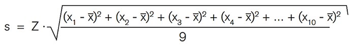 Standard-deviation-volume equation.  Mathematical formula for standard deviation, with ‘s’ representing the standard deviation equal to the square root of the sum of squared differences between each data point ‘x’ and the mean ‘x-bar’, divided by 9.