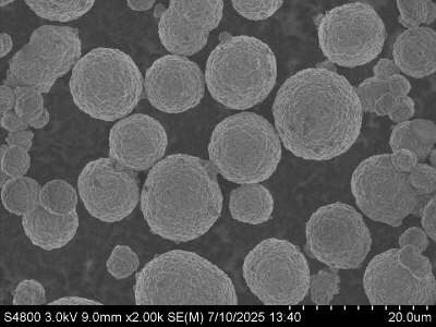 SEM images of cathode materials: AI doped NMC811 The images reveal spherical particles of varying sizes, with some exhibiting a smooth surface and others showing a more textured appearance, indicating differences in material composition and structure.