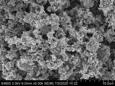 SEM images of cathode materials: LFP The images reveal spherical particles of varying sizes, with some exhibiting a smooth surface and others showing a more textured appearance, indicating differences in material composition and structure.