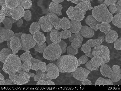 SEM images of cathode materials: NMC5332 The images reveal spherical particles of varying sizes, with some exhibiting a smooth surface and others showing a more textured appearance, indicating differences in material composition and structure.