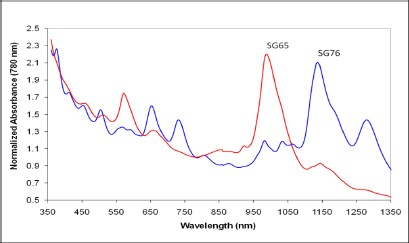 Graph showing the optical absorbance spectra of exfoliated 6,5 (red line) and 7,6 (blue line) chirality single-walled carbon nanotubes (SWCNTs). The x-axis represents the wavelength in nanometers (350 to 1350 nm), while the y-axis displays the normalized absorbance. Distinct peaks are observed for both chirality types, with labels SG65 and SG76 indicating specific features.
