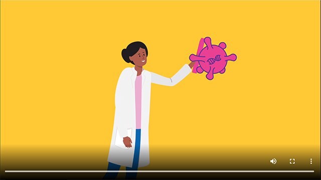 Illustration of person in a lab coat gesturing to a large pink virus model