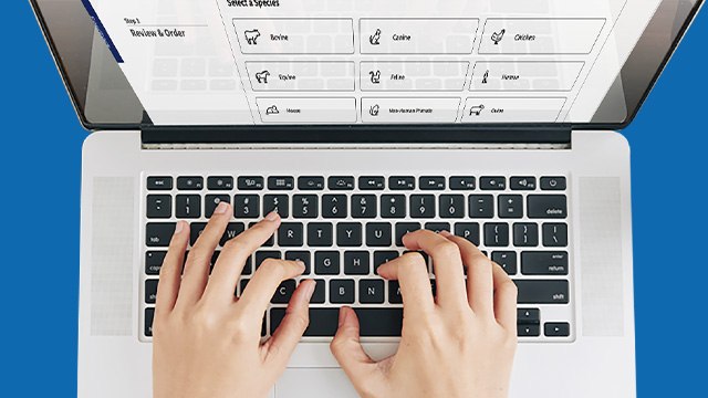 <p>MILLIPLEX<sup>®</sup> Configurator Tool Demo</p>
Open laptop with a pair of hands over the keyboard on a blue background