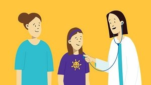 Illustration of medical professional, child, and caretaker, medical professional using stethoscope on child