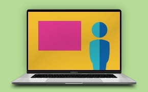 Digital illustration of an open laptop displaying a simplistic human figure in blue and green next to a pink rectangle, set against a yellow background.