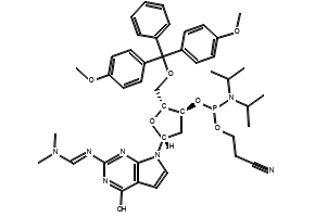 (2R,3S,5R)-2-((Bis(4-methoxyphenyl)(phenyl)methoxy)methyl)-5-(2-(((dimethylamino)methylene)amino)-4-oxo-1,4-dihydro-7H-pyrrolo[2,3-d]pyrimidin-7-yl)tetrahydrofuran-3-yl (2-cyanoethyl) diisopropylphosphoramidite, 121767-97-3, undefined, 