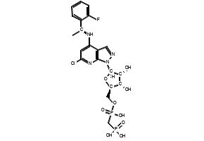 (((((2R,3S,4R,5R)-5-(6-Chloro-4-(((S)-1-(2-fluorophenyl)ethyl)amino)-1H-pyrazolo[3,4-b]pyridin-1-yl)-3,4-dihydroxytetrahydrofuran-2-yl)methoxy)(hydroxy)phosphoryl)methyl)phosphonic acid, 2105904-82-1, undefined, 