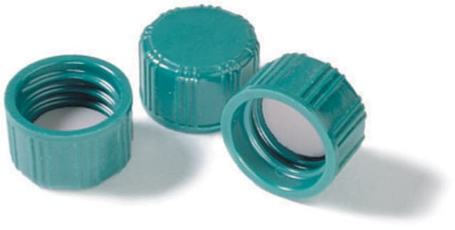 螺旋盖，带聚四氟乙烯衬里的实心顶部，100个装 green melamine resin solid cap, F217/PTFE liner, for use with 15&nbsp;mL vial with 18 mm thread