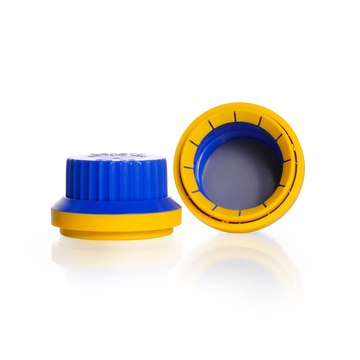Caps for Duran® laboratory bottles neck thread for GL 45, blue-yellow polypropylene tamper-evident (with lip seal)