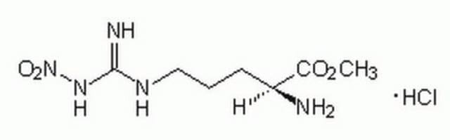 NG-Nitro-L-arginine Methyl Ester, Hydrochloride Cell permeable. More soluble analog of arginine and a competitive, slowly reversible inhibitor of eNOS (IC&#8325;&#8320; = 500 nM). Causes a prolonged inhibition of acetylcholine-induced relaxation of rat aortic rings (IC&#8325;&#8320; = 400 nM).