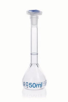 BRAND® BLAUBRAND® volumetric flask, PP stopper, clear glass volume 50 mL, accuracy: 0.06 mL, polypropylene stopper, neck joint: ST/NS 12/21