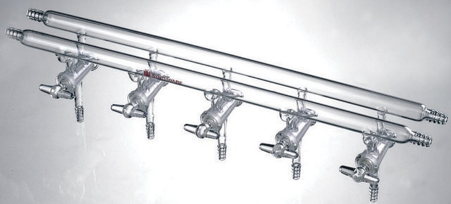 Synthware&#8482; all-glass vacuum/inert gas manifold with hollow high vacuum stopcocks port size 3, Hose Connections: Front-left-right, Rear-left-right