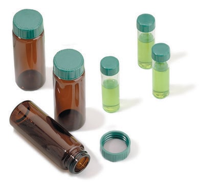 Vials, screw top with solid green Thermoset cap with PTFE liner, preassembled, pkg of 100 volume 4&#160;mL, clear glass vial, O.D. × H 15&#160;mm × 45&#160;mm, thread for 13-425