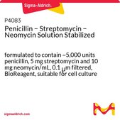 Penicillin − Streptomycin − Neomycin Solution Stabilized formulated to contain ~5,000 units penicillin, 5 mg streptomycin and 10 mg neomycin/mL, 0.1 μm filtered, BioReagent, suitable for cell culture