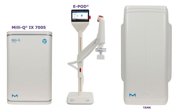 Milli-Q&#174; IX Pure Water System with E-POD&#174; Dispenser input: potable tap water, output: type 2 water (> 5&#160;M&#937;·cm), The most advanced pure water system for the production of Elix&#174; quality water at a flow rate of 5 L/h, with E-POD&#174; pure water dispenser.