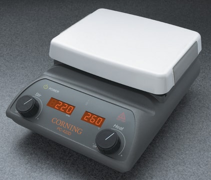 Corning&#174; combo hotplate and stirrer with digital display AC/DC input 230 V AC (Supplied with both 3-pin UK plug and 2-pin Euro plug), plate L × W 10&#160;in. × 10&#160;in., CE compliant