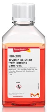 Trypsin solution from porcine pancreas sterile-filtered, BioReagent, suitable for cell culture, 25 g porcine trypsin per liter in Hanks&#8242; Balanced Salt Solution with phenol red