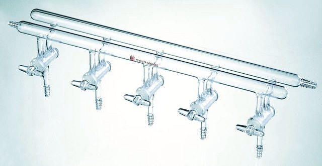 Synthware&#8482; all-glass vacuum/inert gas manifold with solid high vacuum stopcocks port size 4, Hose Connections: Front-left, Rear-right