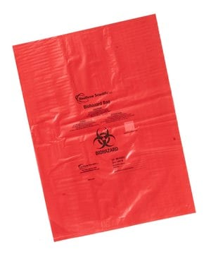 Biohazard disposal bags H × W × thickness 305&#160;mm × 203&#160;mm × 0.04&#160;mm, red polypropylene (with biohazard warning symbol &amp; precautions in English, Spanish, &amp; French)