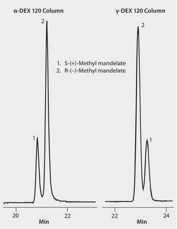 GC Analysis of Mandelic Acid Methyl Ester Enantiomers on α-DEX™ 120 and γ-DEX™ 120 suitable for GC