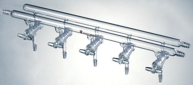 Synthware&#8482; all-glass vacuum/inert gas manifold with hollow high vacuum stopcocks port size 4, Hose Connections: Front-left, Rear-left-right