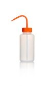 Azlon&nbsp;Square Shoulder Safety Wash Bottles With Driplok Vapor Venting wide-neck, low-density polyethylene bottle, orange polypropylene closure, capacity 500 mL