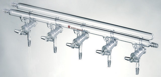 Synthware&#8482; all-glass vacuum/inert gas manifold with hollow high vacuum stopcocks port size 3, Hose Connections: Front-left-right, Rear-left
