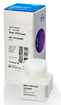 Water, PCR Grade liquid, pkg of 25&#160;mL (03315959001 [1 x 25 ml]), pkg of 25&#160;mL (03315932001 [25 x 1 ml]), pkg of 100&#160;mL (03315843001 [4 x 25 ml])