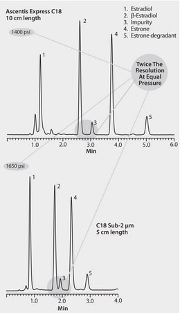 Hyper-Fast Separations on Ascentis® Express 2.7 μm at Half the Pressures of sub-2 μm Columns application for HPLC