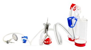 Steritest® NEO 设备 For soluble powders in vials., Blue base canister with a vented double needle for small vials with septa.