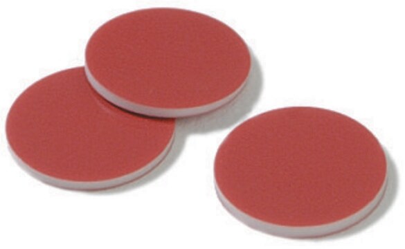 Septa, PTFE/silicone/PTFE red PTFE/silicone/red PTFE, diam. × thickness 8&#160;mm × 1.0&#160;mm, pkg of 100&#160;ea