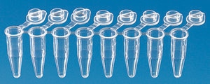BRAND® PCR tubes, strips of 8 attached transparent single caps, standard profile, capacity 0.2 mL, white wells