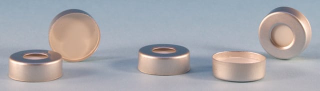 Crimp seals with PTFE/silicone septa silver aluminum seal, size × thickness 11&#160;mm × 1.0&#160;mm, white PTFE/silicone septum, pkg of 100&#160;ea