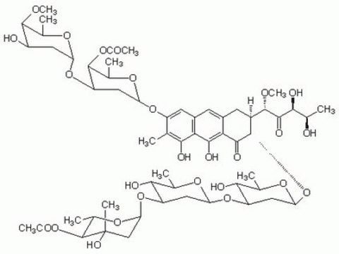 Chromomycin A3 Antitumor antibiotic that inhibits RNA synthesis. A cell-permeable fluorescent dye that can be used with Bisbenzimide H 33258 to distinguish chromosomes by their total DNA content and DNA base composition.