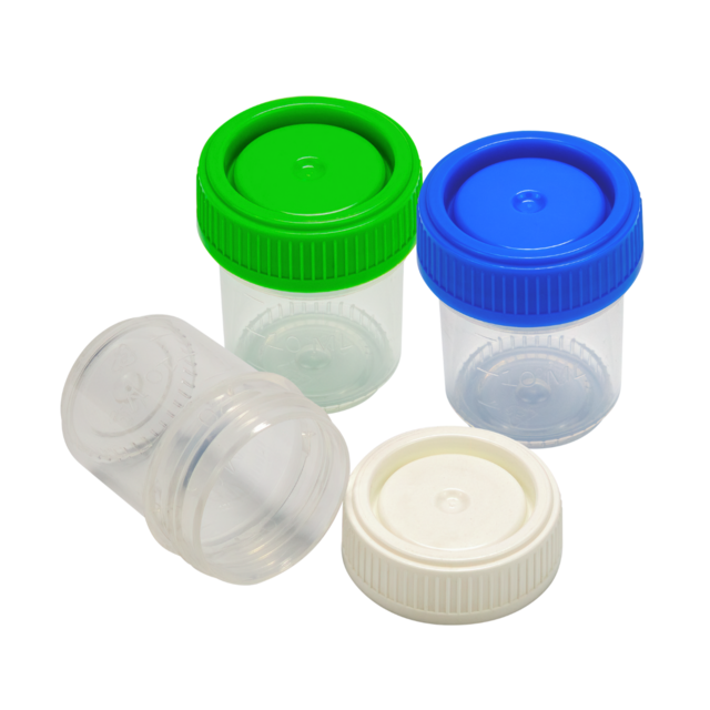 Caplugs® Evergreen Histo-Click™ Specimen Containers with Caps Histo-Click™ 20 mL Click-Top Specimen Containers with Blue Caps, Non-Sterile, Polypropylene Co-Polymer, Natural, 1000/Carton Unassembled