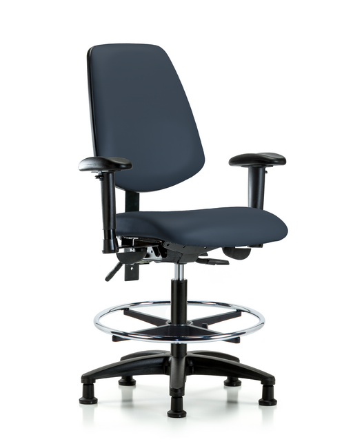 Blue Ridge Ergonomics® Medium Bench Height Lab Chair Black Base with Large Back, Adjustable Arms, Chrome Foot Ring, and Stationary Glides Imperial Blue Trailblazer™ Vinyl