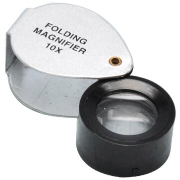 Eisco Labs Folding Magnifier Folding Magnifier, 0.75", 10x Magnification – Gowland Type – Plano-Convex Lens of Extra White Glass – Includes Cardboard Packaging
