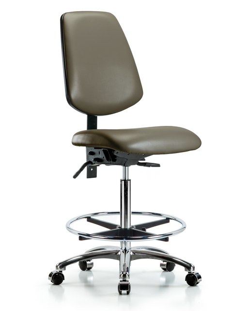 Blue Ridge Ergonomics® Taupe Vinyl Lab Chair Chrome Base with Large Back, Chrome Foot Ring, and Casters High Bench Height