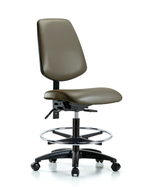 Blue Ridge Ergonomics® Medium Bench Height Lab Chair Black Base with Large Back, Seat Tilt, Chrome Foot Ring, and Casters Taupe Supernova™ Vinyl
