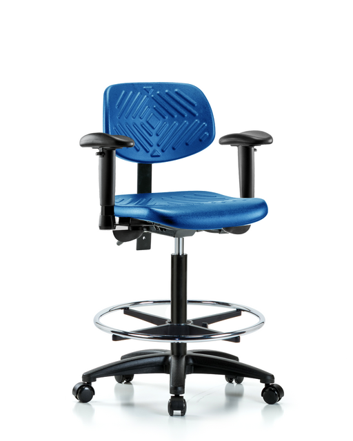Blue Ridge Ergonomics® High Bench Height Lab Chair Black Base with Standard Back, Adjustable Arms, Chrome Foot Ring, and Casters Blue Polyurethane
