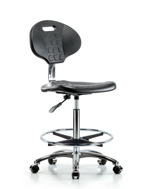Blue Ridge Ergonomics® High Bench Height Class 10 Cleanroom Lab Chair Chrome Base with Tulip Back, Chrome Foot Ring, and Casters Black Polyurethane