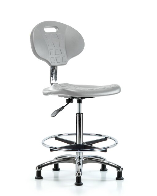 Blue Ridge Ergonomics® High Bench Height Class 10 Cleanroom Lab Chair Chrome Base with Tulip Back, Chrome Foot Ring, and Stationary Glides Gray Polyurethane