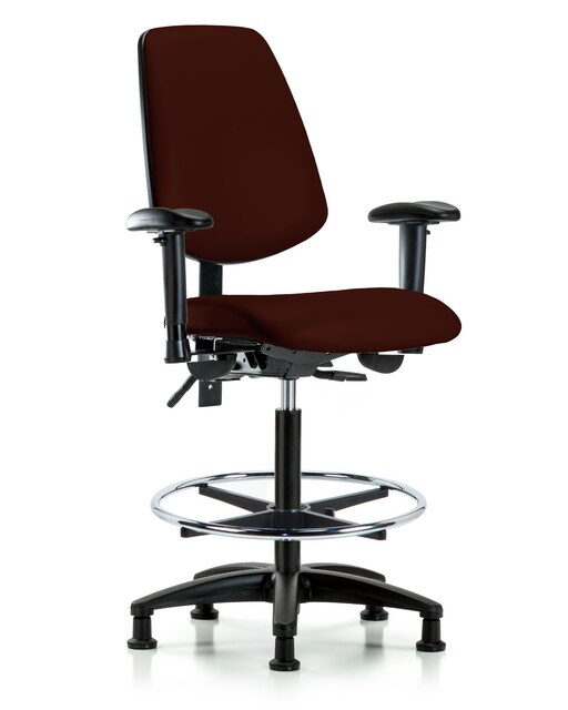 Blue Ridge Ergonomics® High Bench Height Lab Chair Black Base with Large Back, Adjustable Arms, Chrome Foot Ring, and Stationary Glides Burgundy Trailblazer™ Vinyl
