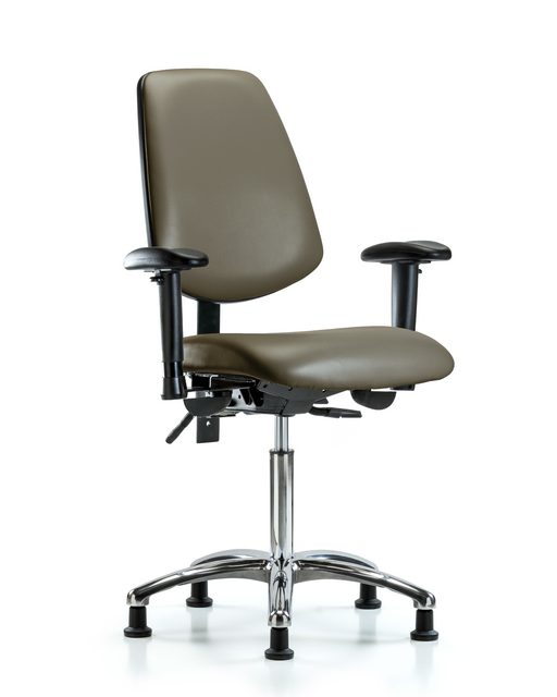 Blue Ridge Ergonomics® Taupe Vinyl Lab Chair Chrome Base with Large Back, Seat Tilt, Arms, and Stationary Glides Medium Bench Height