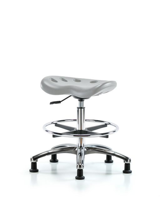 Blue Ridge Ergonomics® Medium Bench Height Tractor Stool Chrome Base with Chrome Foot Ring and Stationary Glides Gray Polyurethane
