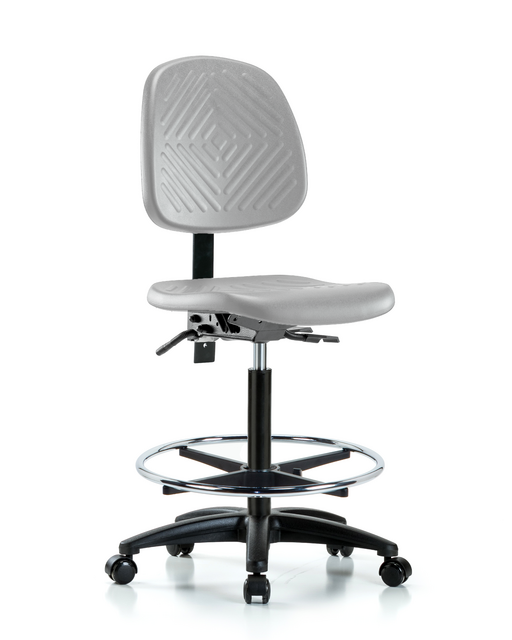 Blue Ridge Ergonomics® High Bench Height Lab Chair Black Base with Large Back, Seat Tilt, Chrome Foot Ring, and Casters Gray Polyurethane