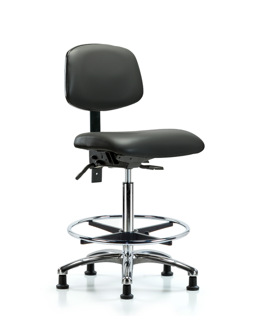 Blue Ridge Ergonomics® Carbon Vinyl Lab Chair Chrome Base with Standard Back, Seat Tilt, Chrome Foot Ring, and Stationary Glides High Bench Height