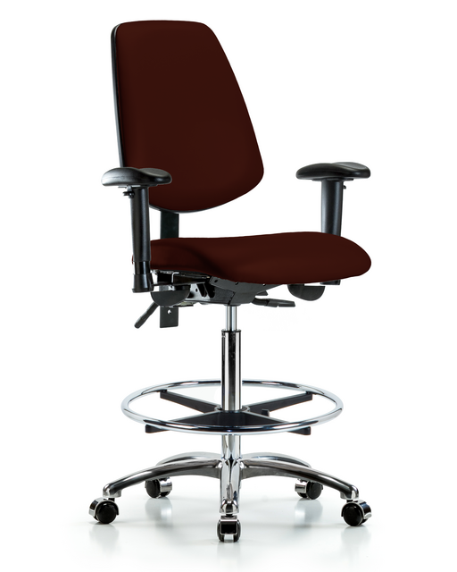 Blue Ridge Ergonomics® Burgundy Vinyl Lab Chair Chrome Base with Large Back, Seat Tilt, Adjustable Arms, Chrome Foot Ring, and Casters High Bench Height